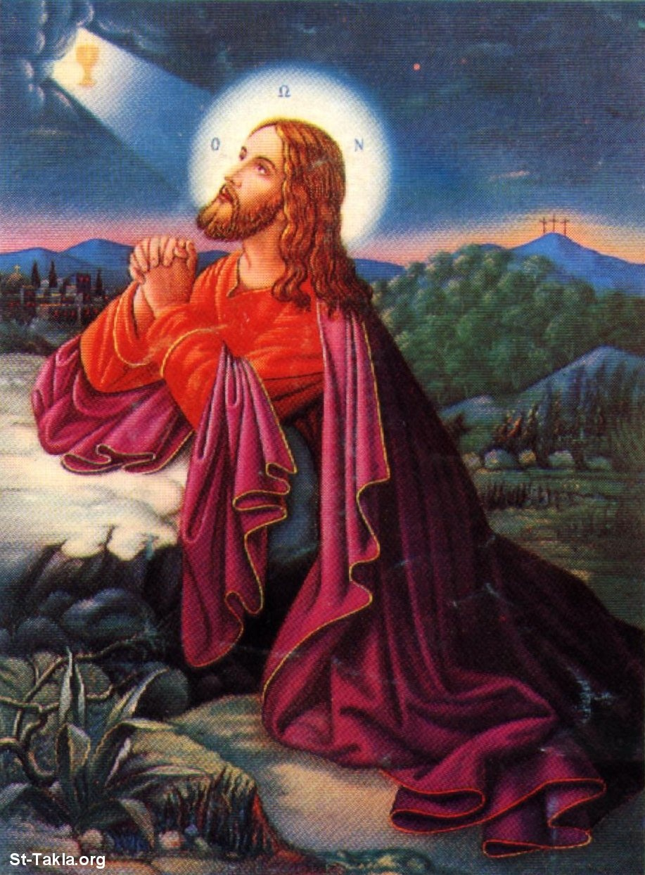 صور ليسوع الإله وهو يصلي في حديقة جثيماني وعندما ظهر له ملاك من السماء ليقويه