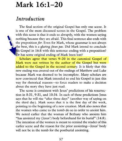 يتفق العلماء ان النهاية الحالية لم تُكتب بواسطة كاتب الإنجيل ولكنها أُضيفت فى القرن الثانى .....  The Gospel of Mark - Timothy R. Carmody -page 57